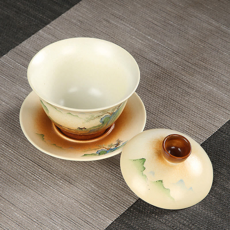 Mythstone Mountain Landscape Countryside Ceramic Gaiwan Sancai Teacup Kung Fu Tea Cup And Saucer With Lid