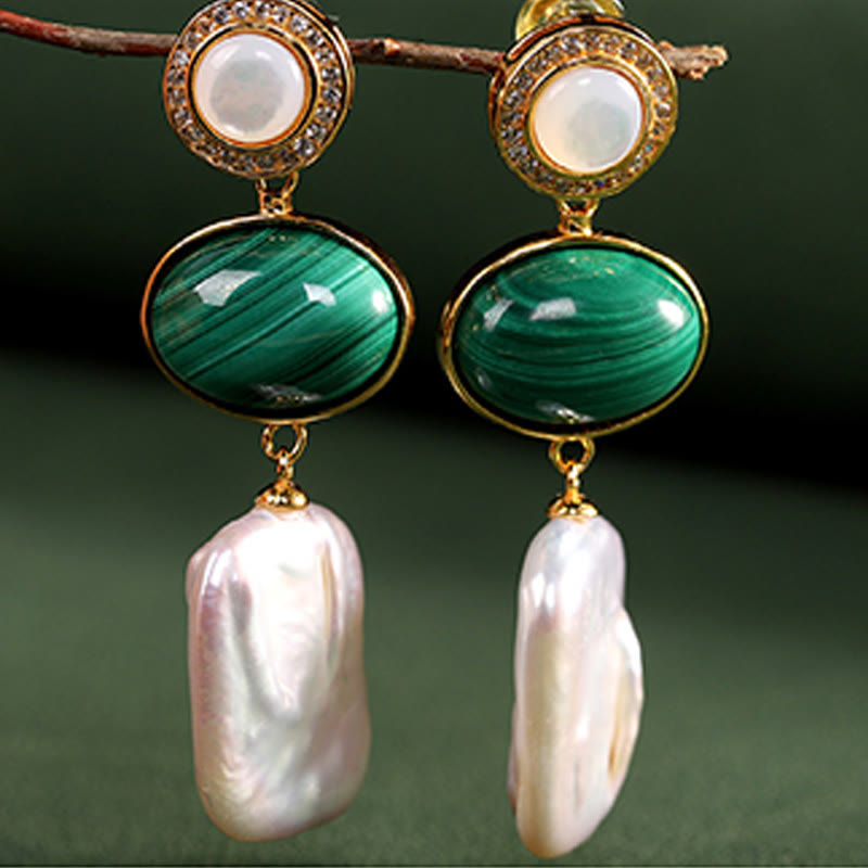 Mythstone 925 Sterling Silver Natural Baroque Pearl Malachite Healing Wisdom Drop Earrings