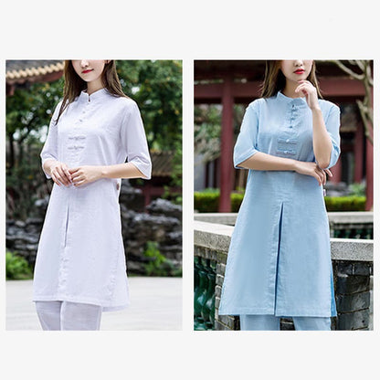 Mythstone 2Pcs Half Sleeve Shirt Top Pants Meditation Zen Tai Chi Linen Clothing Women's Set