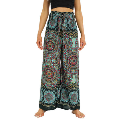 Mythstone Boho Mandala Print Lace-up Wide Leg Pants Women's Yoga Pants