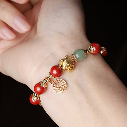 Mythstone Year of the Dragon Natural Cinnabar Fu Character Charm Blessing Bracelet