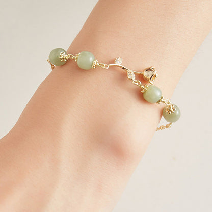 Mythstone 14K Gold Plated Hetian Jade Golden Rose Flower Luck Chain Bracelet