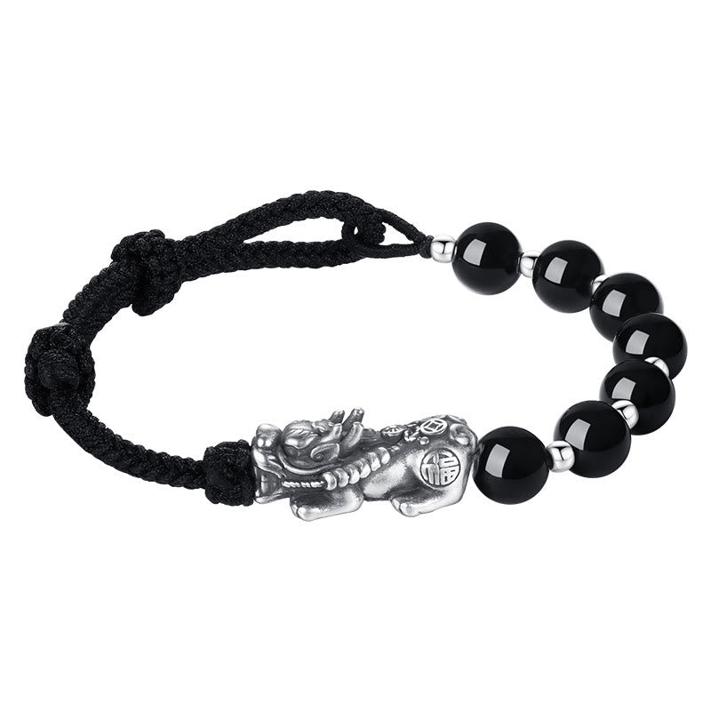 Mythstone 999 Sterling Silver FengShui PiXiu Natural Black Obsidian 925 Sterling Silver Bead Strength Bracelet