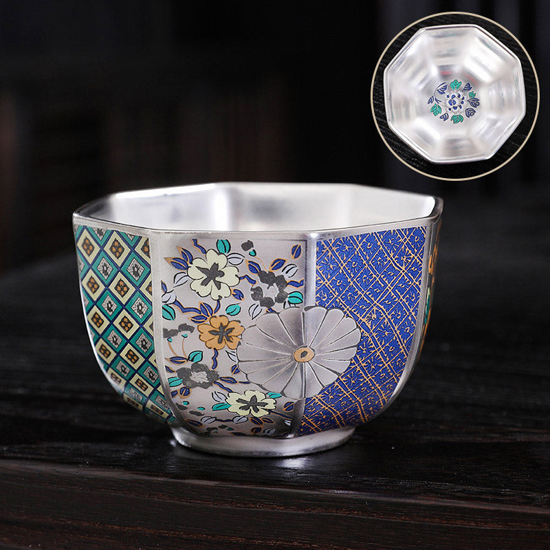 Mythstone 999 Sterling Silver Gilding Chrysanthemum Flowers Ceramic Teacup Kung Fu Tea Cup