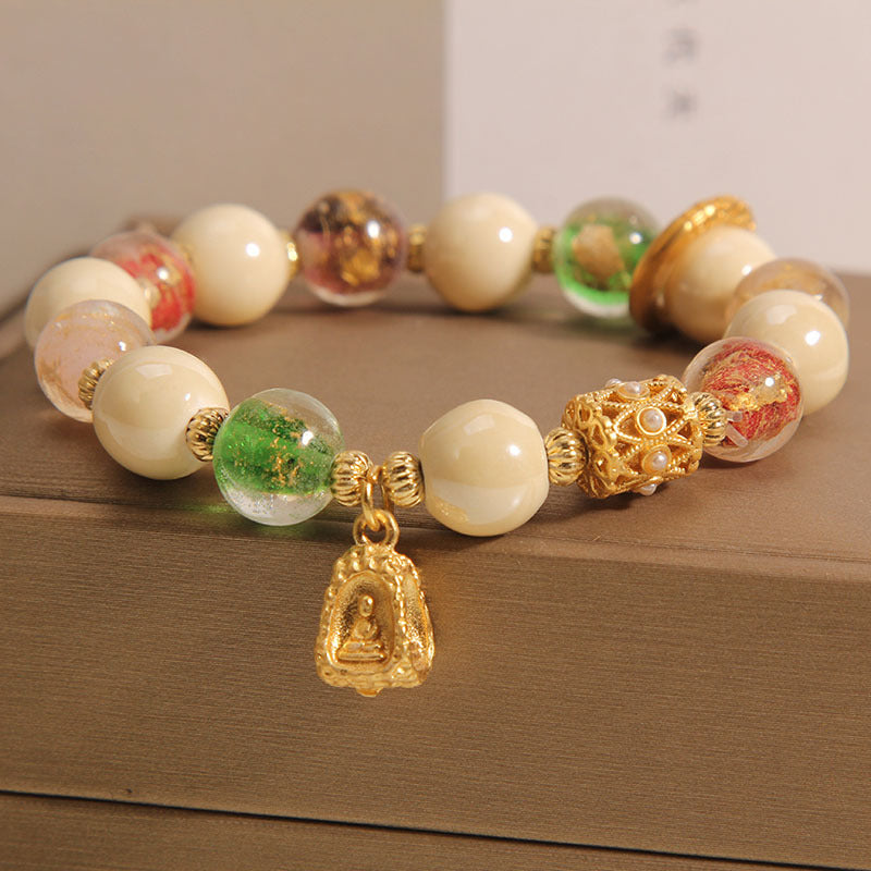 Mythstone Tibetan Multicolored Liuli Glass Bead Buddha Lotus Charm Enlightenment Bracelet