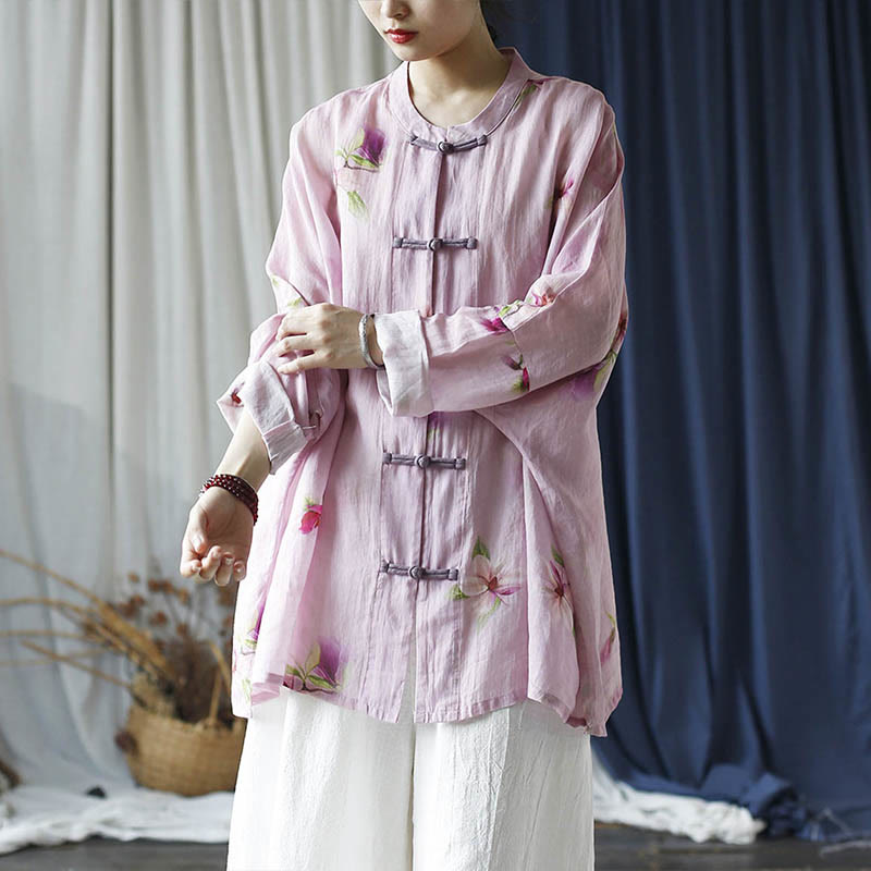 Mythstone Pink Flower Print Frog-button Design Batwing Long Sleeve Ramie Linen Jacket Shirt