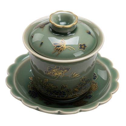 Mythstone Green Porcelain Butterfly Flower Salmon Fish Ceramic Gaiwan Sancai Teacup Kung Fu Tea Cup And Saucer With Lid