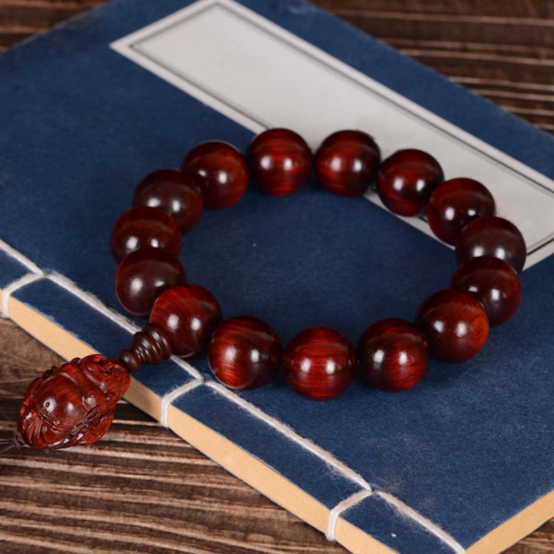 Mythstone Small Leaf Red Sandalwood Laughing Buddha God of Wealth Protection Bracelet