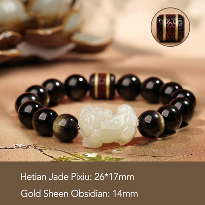 Mythstone Natural Gold Sheen Obsidian Hetian Cyan Jade White Jade PiXiu Wealth Bracelet