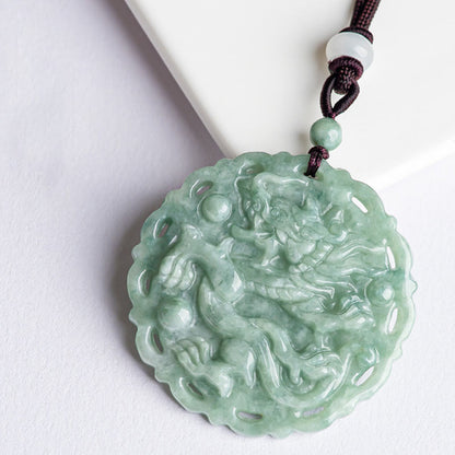 Mythstone Chinese Zodiac Dragon Phoenix Round Jade Luck Necklace String Pendant