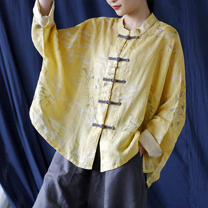 Mythstone Yellow Phoenix Print Frog-button Design Long Sleeve Ramie Linen Jacket Shirt