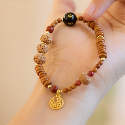 Mythstone Tibetan Bodhi Seed Black Onyx Smoky Quartz Om Mani Padme Hum Fu Character Wealth Bracelet