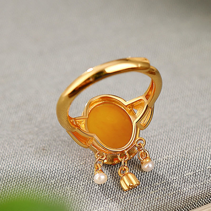 Mythstone 925 Sterling Silver Plated Gold Natural Amber Flower Pearl Confidence Ring Earrings Set