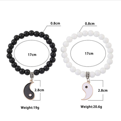 Pulsera de pareja con protección Yin Yang y cuentas de turquesa blanca y ónix negro de MythStone, 2 piezas 