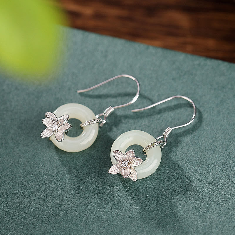 Pendientes de plata de ley 925 con diseño de orquídea y hebilla de paz de jade hetiano Mythstone 