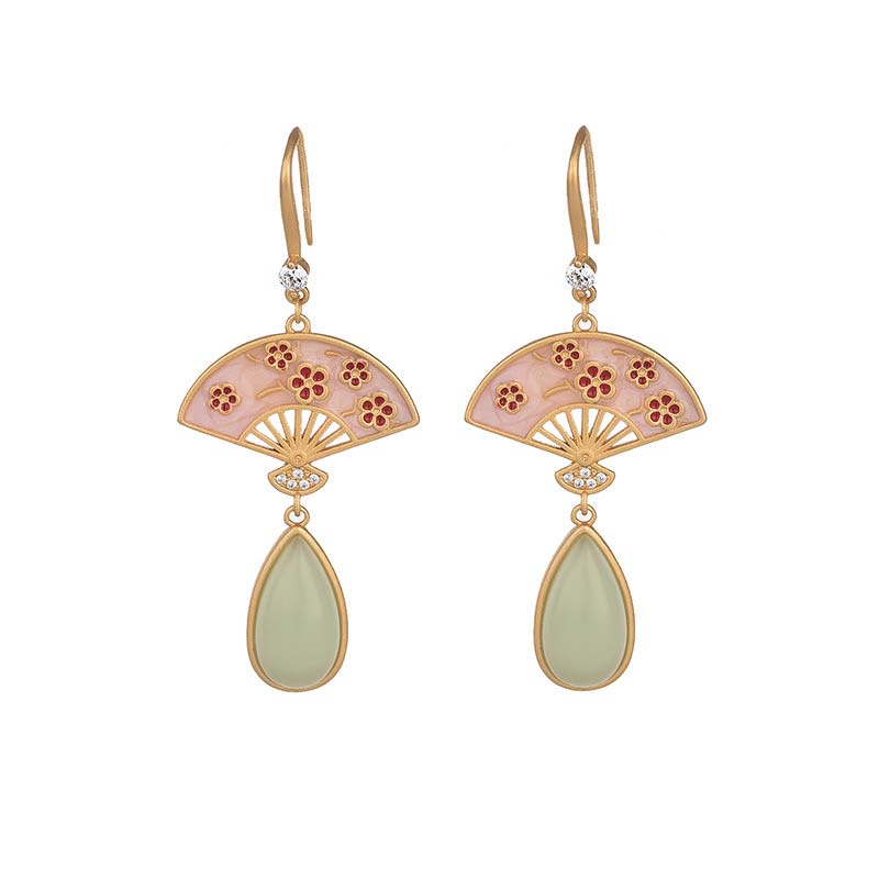 Mythstone Natural Green Aventurine Fan Pattern Luck Drop Earrings