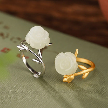 Mythstone 925 Sterling Silver Plated Gold Rose Flower Hetian White Jade Happiness Ring