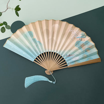 Mythstone Retro Lotus Flower Leaf Mountain Lake Handheld Folding Fan With Bamboo Frames