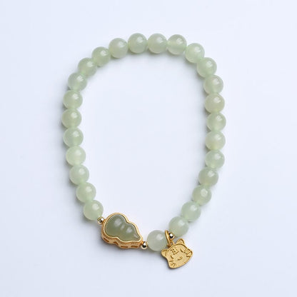 Mythstone 925 Sterling Silver Plated Gold Natural Hetian Jade Bead Gourd Lotus Bamboo Fu Character Luck Bracelet