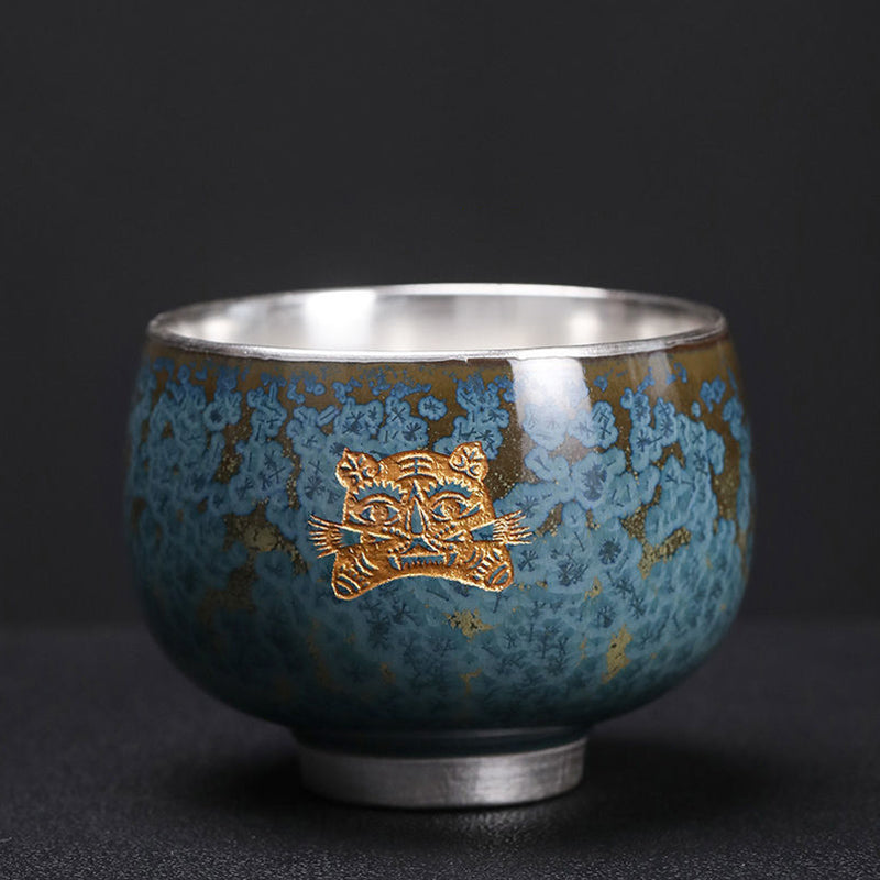 Mythstone 999 Gilt Silver Gilt Chinese Zodiac Ceramic Teacup Kung Fu Tea Cup 160ml