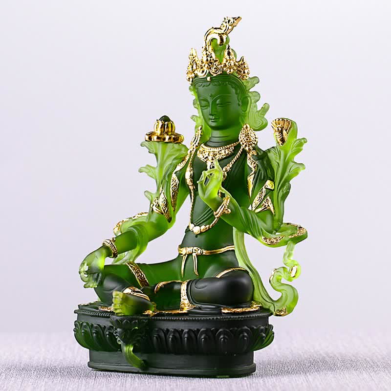 Mythstone Bodhisattva Green Tara Handmade Liuli Crystal Art Piece Protection Home Office Statue Decoration