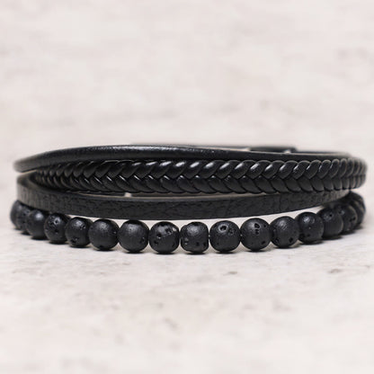 MythStone Natural Lava Rock Black Onyx Bead Leather Bracelet