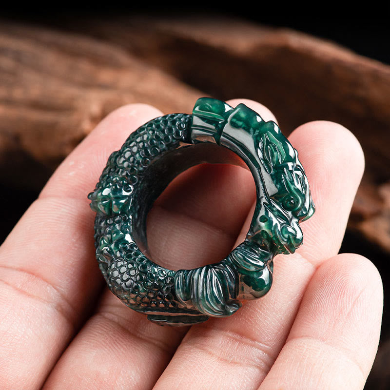 Mythstone Natural Cyan Jade Dragon Carved Success Ring