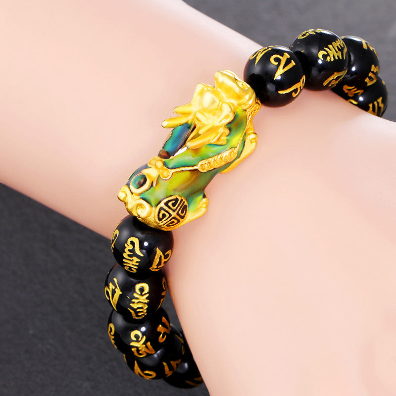 Pulsera de riqueza Om Mani Padme Hum de obsidiana PiXiu de Feng Shui Mythstone 