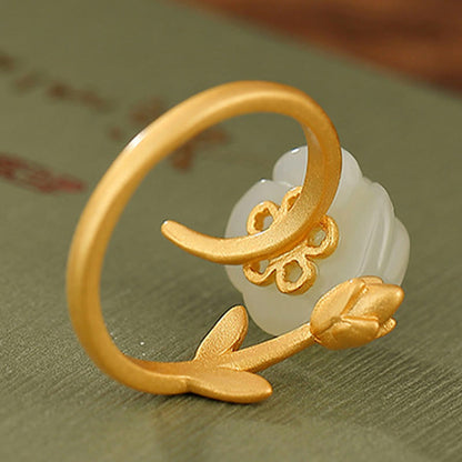 Mythstone 925 Sterling Silver Plated Gold Rose Flower Hetian White Jade Happiness Ring