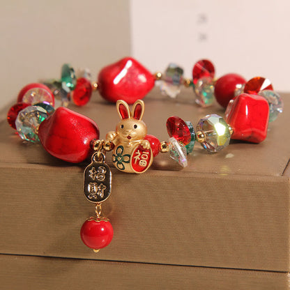 Mythstone Red Stone Lucky Cat Rabbit Fu Character Fortune Bracelet