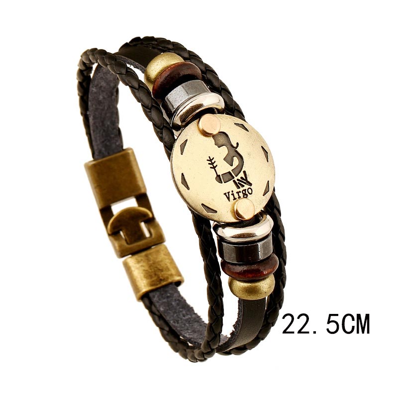 12 Constellations of the Zodiac Hematite Leather Charm Bracelet