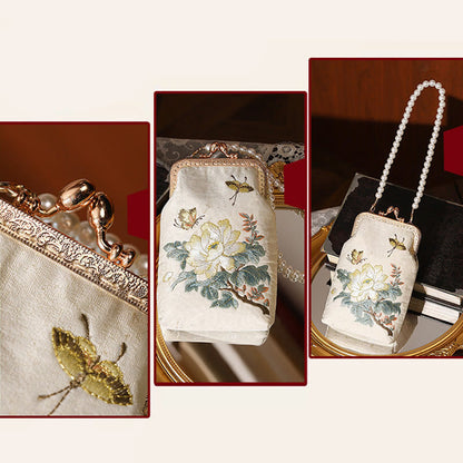 Mythstone Small Flowers Butterfly Embroidered Pearl Metal Chain Shoulder Bag Crossbody Handbag Cellphone Bag