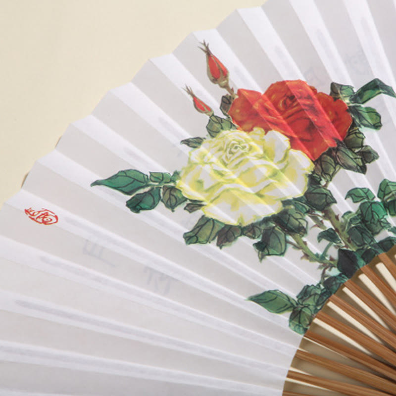 Mythstone Pine Tree Garden Peony Handheld Paper Bamboo Folding Fan 26cm