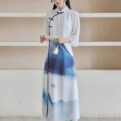 Mythstone Blue Landscape Painting Three Quarter Chinese Cheongsam Midi Dress