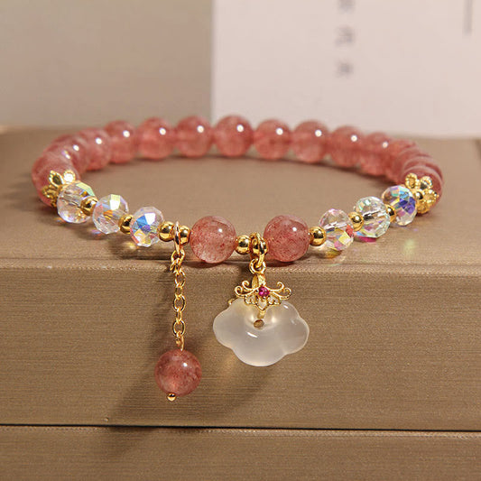 Mythstone Natural Strawberry Quartz Crystal White Agate Auspicious Cloud Healing Bracelet