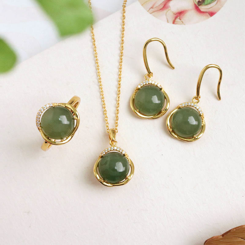 Conjunto de collar, anillo, pendientes y colgante de jade blanco hetiano natural de plata de ley 925 con piedra mitológica