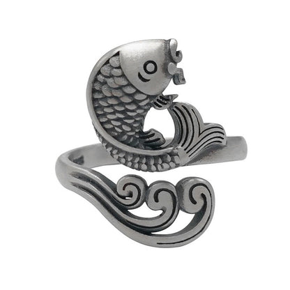 Mythstone 925 Sterling Silver Koi Fish Water Ripple Luck Wealth Ring