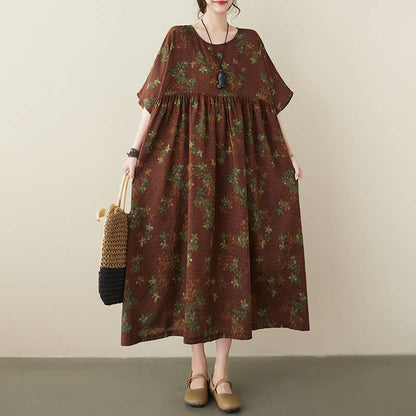 Mythstone Blue Brown Flowers Midi Dress Cotton Half Sleeve Tunic Dress With Pockets