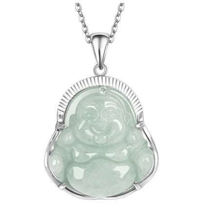 Mythstone 925 Sterling Silver Laughing Buddha Jade Luck Calm Necklace Chain Pendant