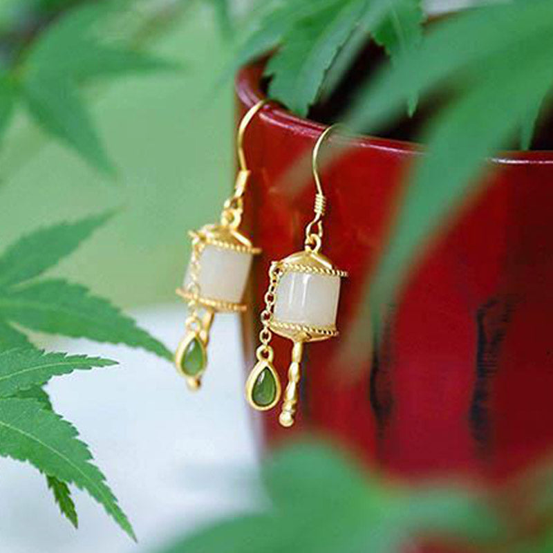 Mythstone 925 Sterling Silver Jade Prayer Wheel Luck Drop Earrings