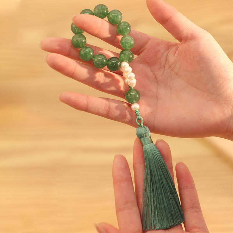 Mythstone Green Strawberry Quartz Pearl Soothing Wrist Mala