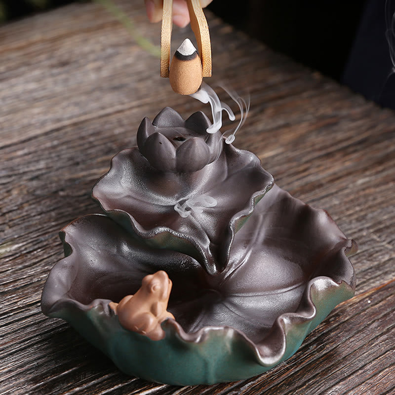 Mythstone Lotus Flower Leaf Frog Butterfly Pattern Healing Ceramic Incense Burner Decoration