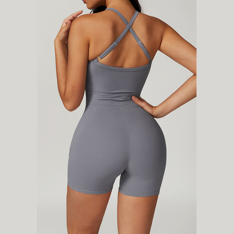 Mythstone Backless Criss-Cross Strap Jumpsuit Romper Sports Fitness Yoga Women Bodysuit With Pockets