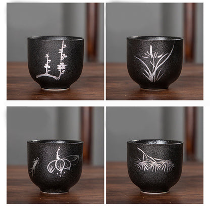 Mythstone Hand Painted Lotus Flower Bamboo Chrysanthemum Black Pottery Ceramic Teacup Kung Fu Tea Cup 95ml