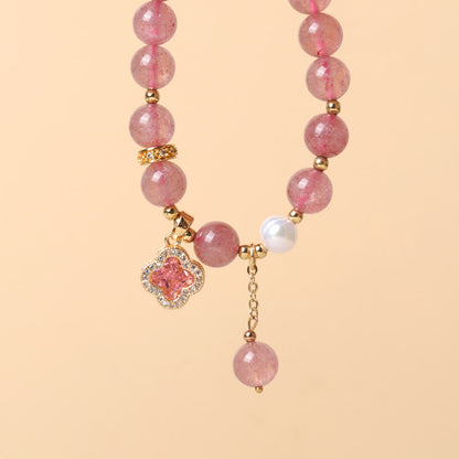 Mythstone Strawberry Quartz Pearl Four Leaf Clover Charm Healing Bracelet