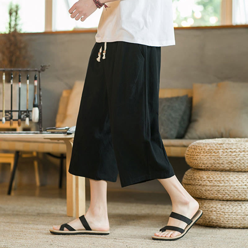 Mythstone Solid Color Mid-Length Wide Leg Pants Cotton Men's Wide Leg Pants With Pockets