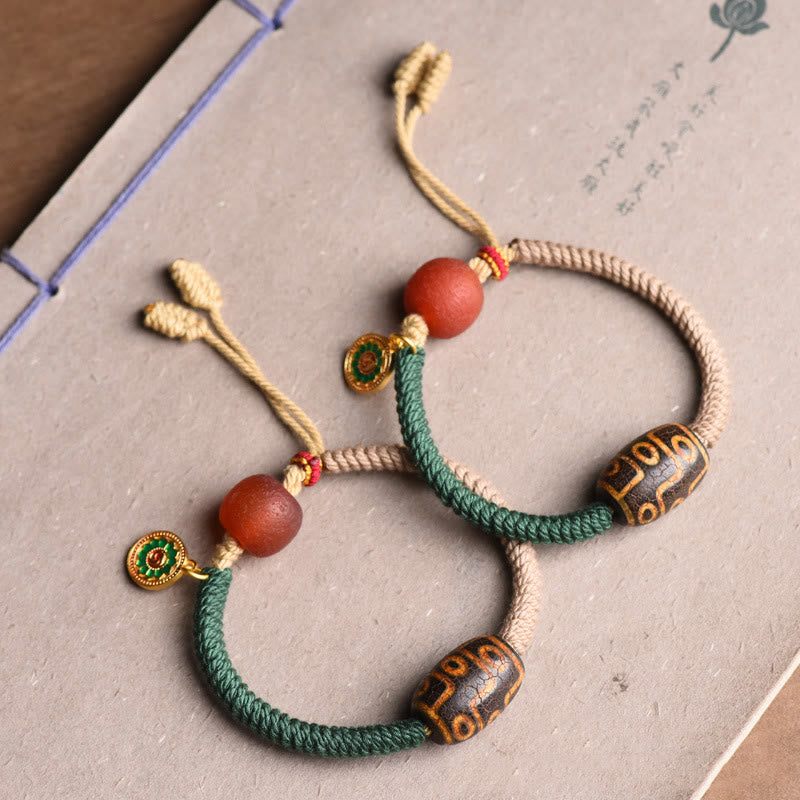 Mythstone Handmade Tibetan Nine-Eye Dzi Bead Wealth Rope Bracelet