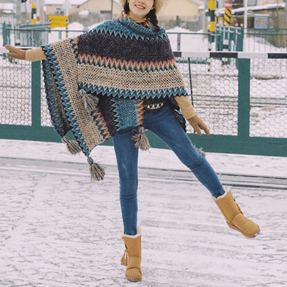 Chal tibetano Mythstone con estampado ondulado azul, beige y rojo, bufanda cálida con borlas para el invierno