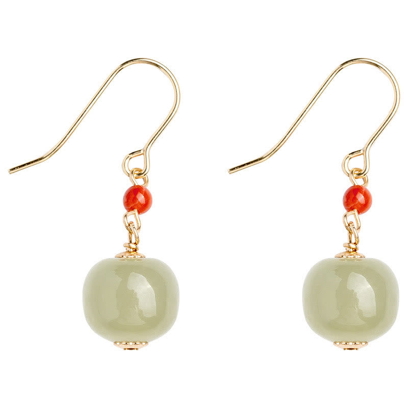 Mythstone 925 Sterling Silver 14K Gold Plated Hetian Jade Red Agate Luck Drop Dangle Earrings