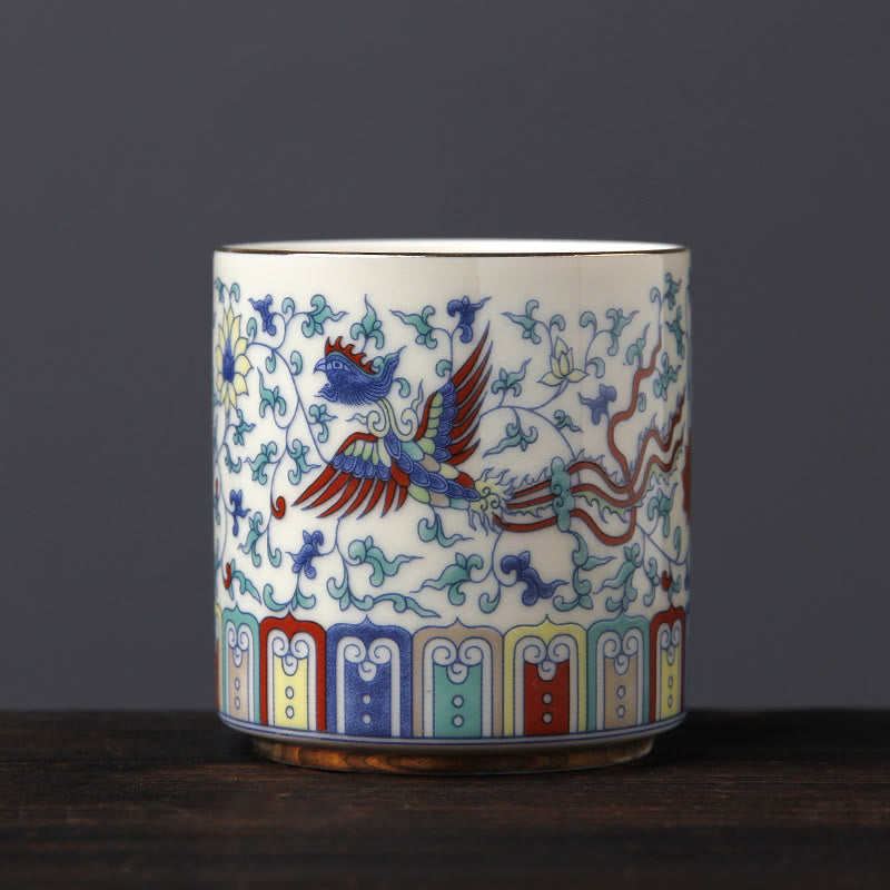 Mythstone Vintage Plum Blossom Pine Bamboo Phoenix Kirin Lion Dancing Ceramic Teacup Tea Cups